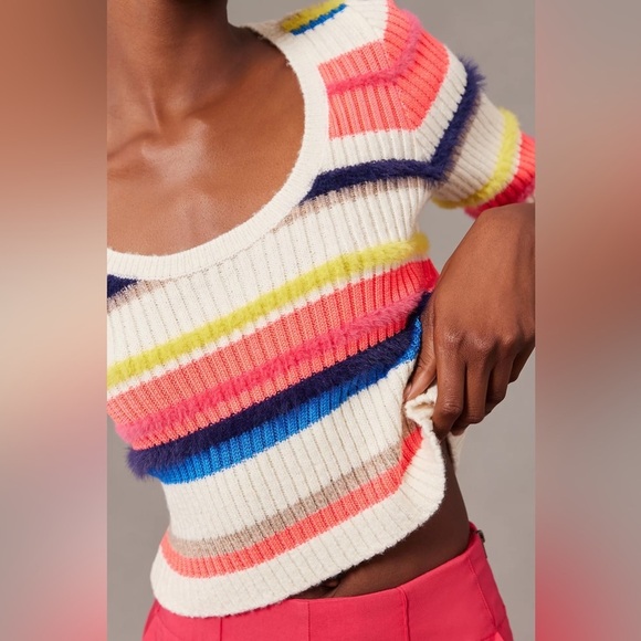 Maeve Tops - Maeve Anthropologie Short-Sleeve Multi-Stripe Eyelash Sweater